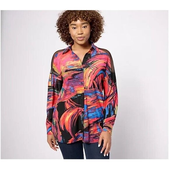 Attitudes by Renee Como Jersey Mesh Shoulder Printed Shirt Rainbow Flair,Medium - Picture 1 of 1